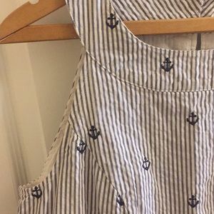 Navy Anchor Embroidered Pin Stripe Dress